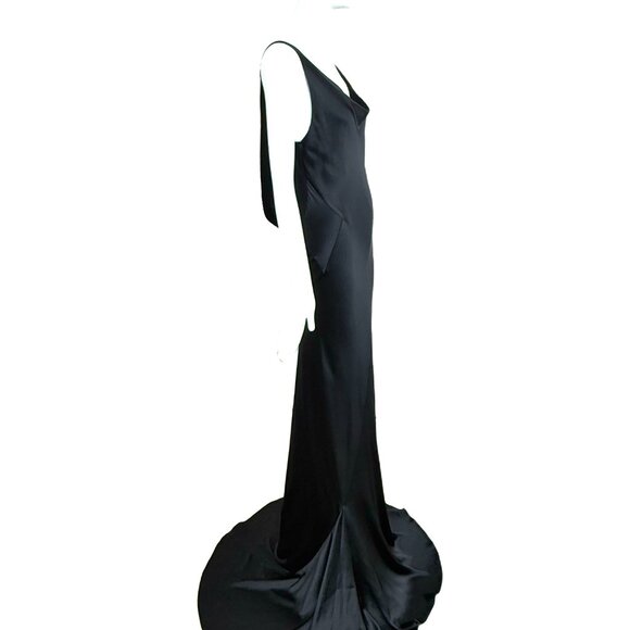 LES HABITUDES 2016 Black Liquid Silk Cowl Evening Gown Lace Maxi Dress - Picture 2 of 9